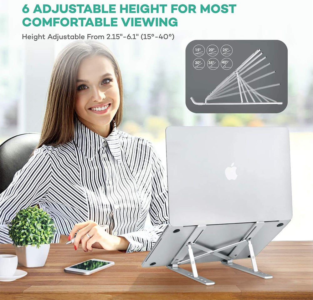 Laptop Tabletop Stand, Fold-Up, Adjustable, Ventilated, Portable Holder For Desk, Aluminum Foldable Laptop Ergonomic Compatibility With Up To 15.6-Inch Laptop, All Mac, Tab, And Mobile (Silver)
