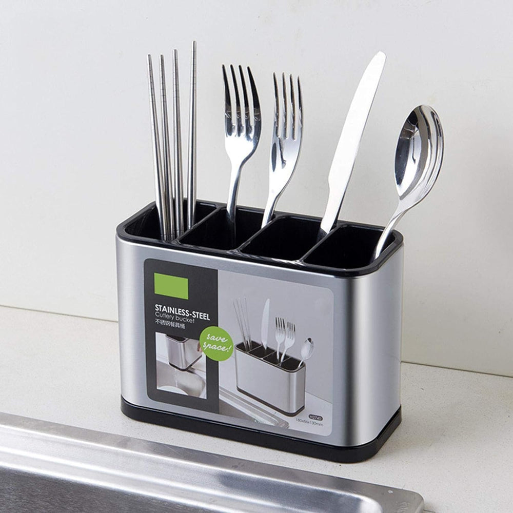 Stainless Steel Kitchen Cutlery Holder – 4 Compartment Utensil Organizer & Drainer Stand for Spoons, Forks, Knives – Rust-Resistant, Compact Design
