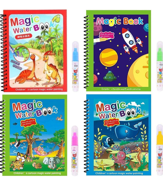 Magic Water Doodle with Magic Pen Painting Board for Children Education Drawing Pad Drawing Reusable Water-Reveal Activity Pad-Random Design Dry Book Water Coloring Book Multi color (Pack Of 4)
