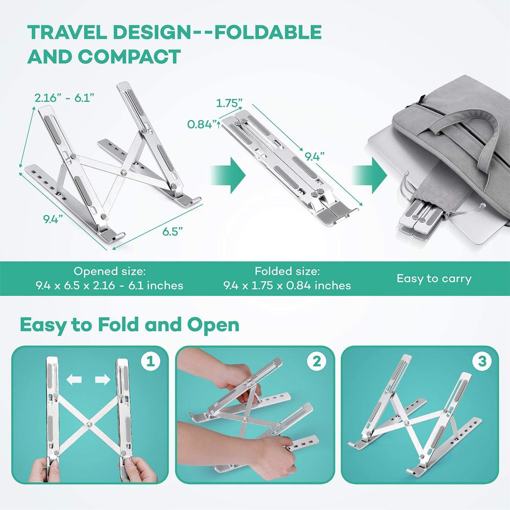 Laptop Tabletop Stand, Fold-Up, Adjustable, Ventilated, Portable Holder For Desk, Aluminum Foldable Laptop Ergonomic Compatibility With Up To 15.6-Inch Laptop, All Mac, Tab, And Mobile (Silver)