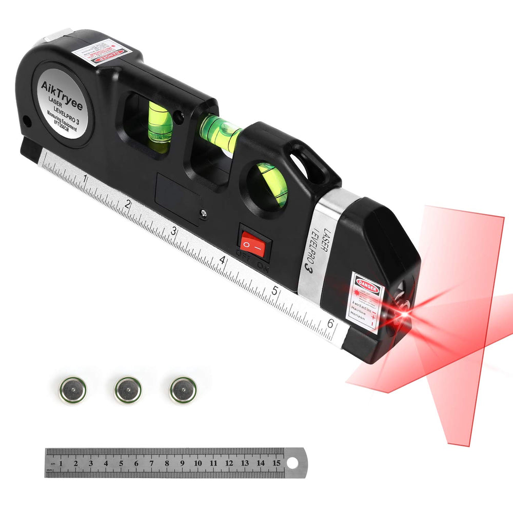 Multipurpose ABS Laser Level Line Tool Kit | Standard Cross | leveler Beam with Metric Rulers 8ft/2.5M for Picture Hanging cabinets Tile Walls (Black)