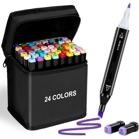 Dual Tip Colorful Art Markers Sketch Pens 48 Colors With Carrying Case For Painting Sketching Calligraphy Drawing -Twin Head Permanent Colouring Marker Pens For Kids Adult, Multicolor (24 Color Pen)