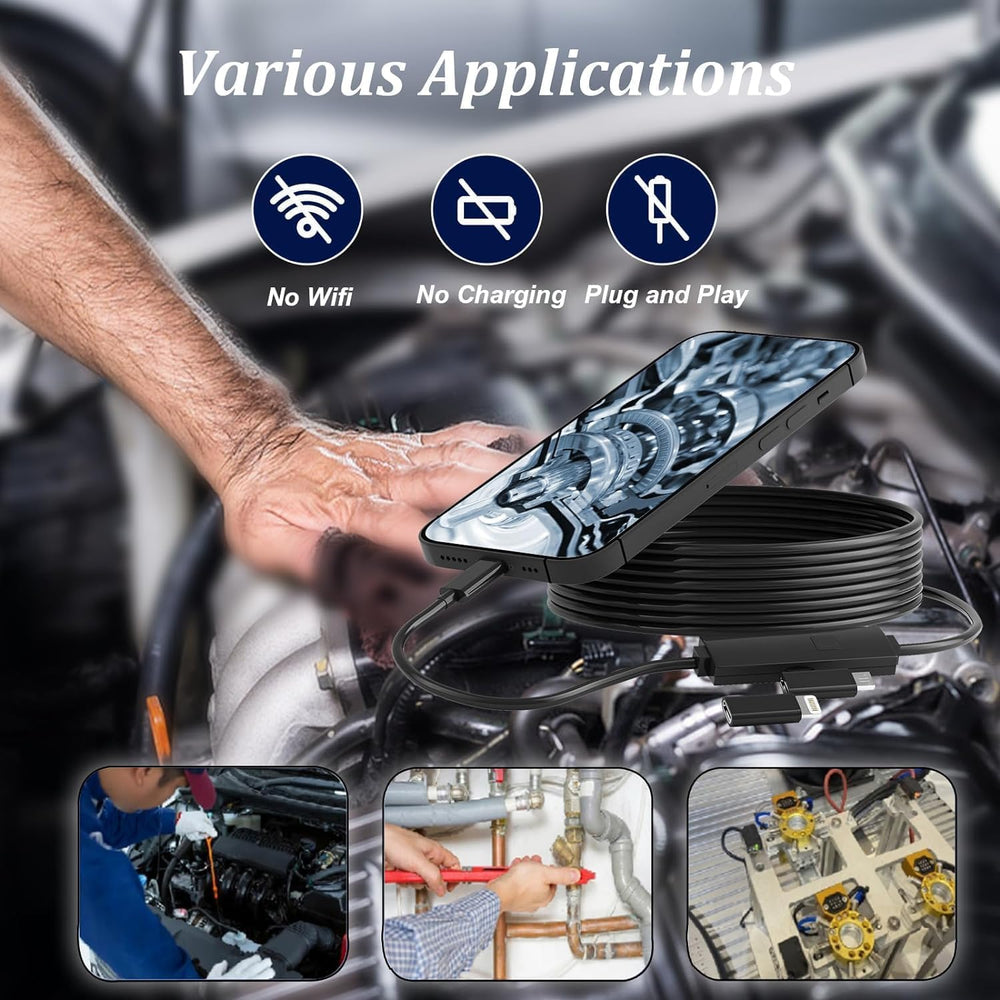 3-in-1 HD Endoscope Camera (2m): Waterproof Snake Borescope with 6 LEDs for Android & PC. Perfect for Pipe & Engine Inspection.