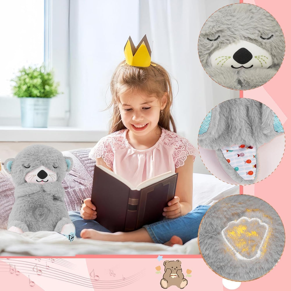 Breathing Teddy Bear Plush Otter with Rhythm Motion, Light & Music | Grey Comfort Toy for Stress Relief for Kids, Adults & Valentine’s Day