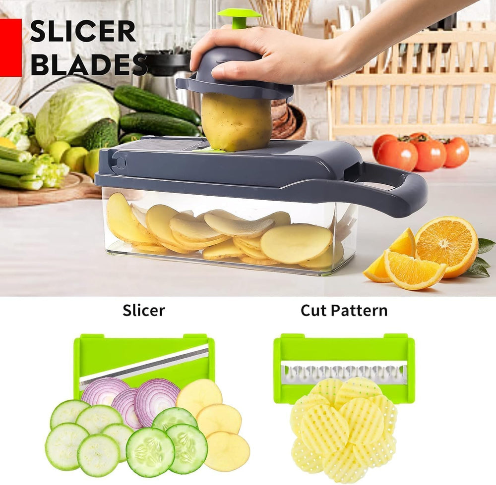 14-in-1 Food Chopper & Vegetable Cutter | Manual Slicer & Dicer with 8 Interchangeable Blades | Onion Chopper with Storage Container | Multipurpose Fruit & Vegetable Chopper