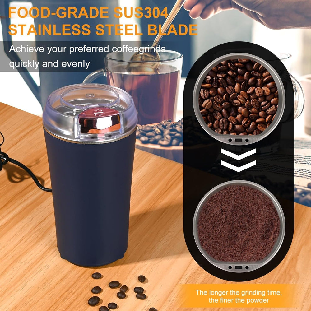 Portable Electric Coffee Grinder – Stainless Steel 4 Blade Spice & Coffee Bean Grinder with Push Button Control for Masala, Herbs & Dry Items (Medium)
