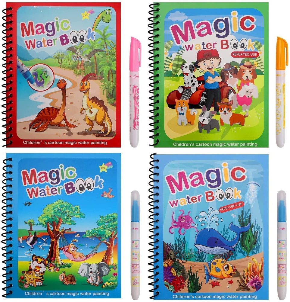 Magic Water Doodle with Magic Pen Painting Board for Children Education Drawing Pad Drawing Reusable Water-Reveal Activity Pad-Random Design Dry Book Water Coloring Book Multi color (Pack Of 4)