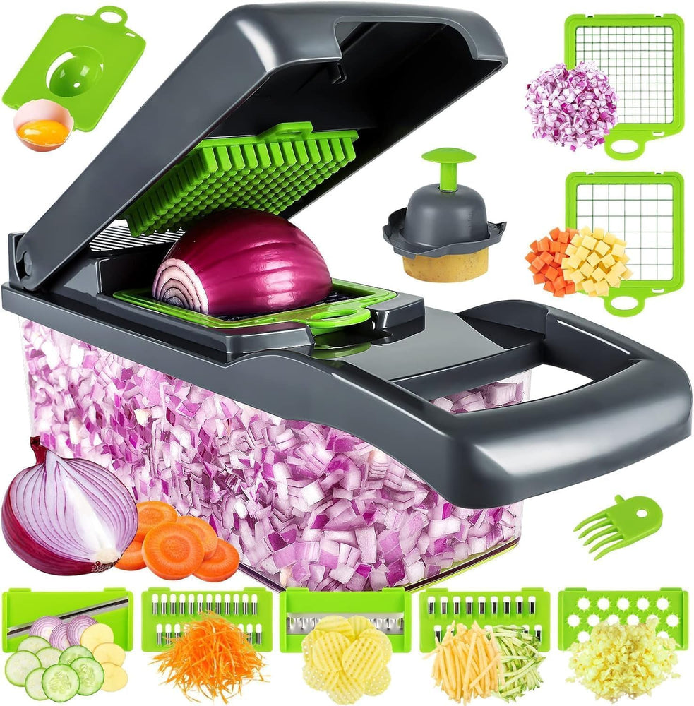 14-in-1 Food Chopper & Vegetable Cutter | Manual Slicer & Dicer with 8 Interchangeable Blades | Onion Chopper with Storage Container | Multipurpose Fruit & Vegetable Chopper