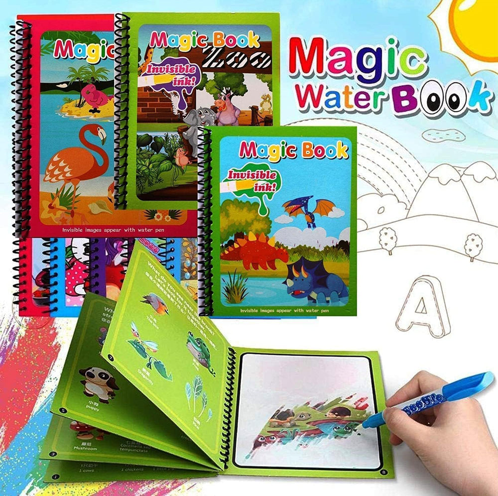Magic Water Doodle with Magic Pen Painting Board for Children Education Drawing Pad Drawing Reusable Water-Reveal Activity Pad-Random Design Dry Book Water Coloring Book Multi color (Pack Of 4)