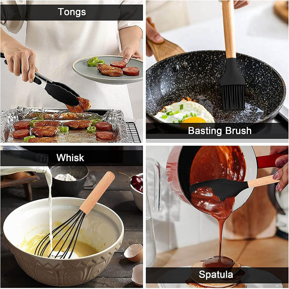 Silicone Kitchen Spatula and Utensils Spoon Set Cooking + Baking Set- 12 Pcs Non-Stick with Wooden Handle-BPA Free, Heat Resistant Item, Flexible Non Toxic Silicon Cookware Tools (Black)