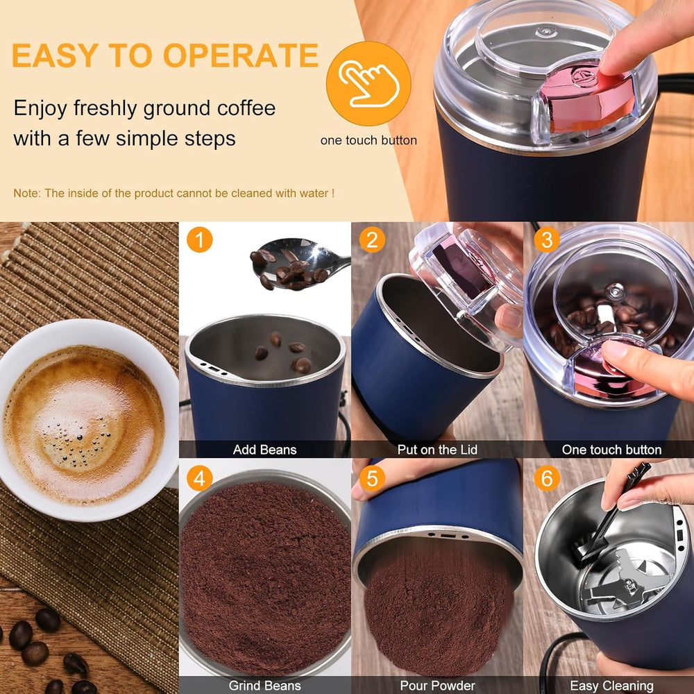 Portable Electric Coffee Grinder – Stainless Steel 4 Blade Spice & Coffee Bean Grinder with Push Button Control for Masala, Herbs & Dry Items (Medium)