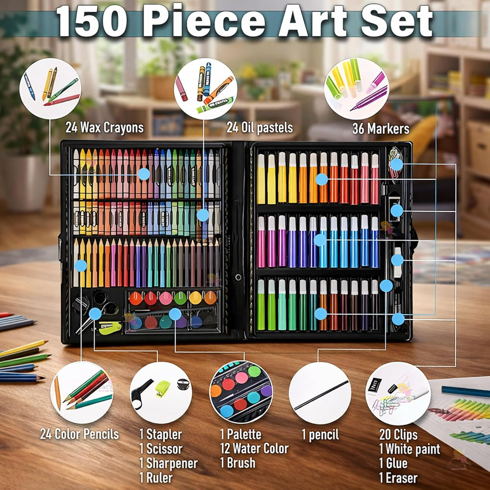 150 Pieces Colour Set Kit for Kids, Complete Stationery Items and Colour Pencil Set in Portable Case