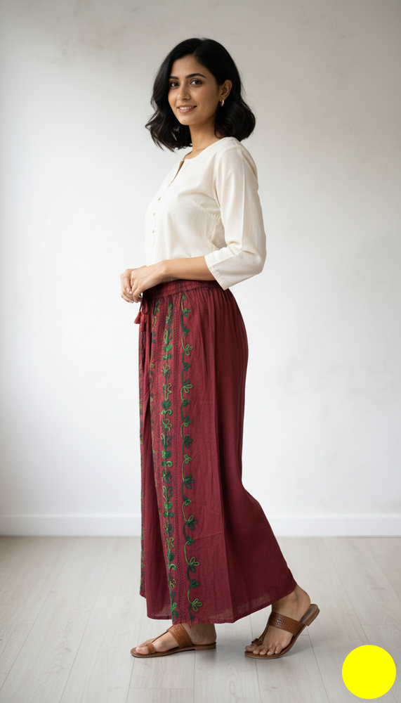 Bohemian Hand-Embroidered Cotton Overlap Palazzo Pants – Maroon & Green (Free Size 26-38