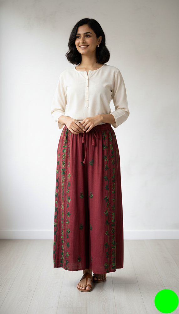 Bohemian Hand-Embroidered Cotton Overlap Palazzo Pants – Maroon & Green (Free Size 26-38