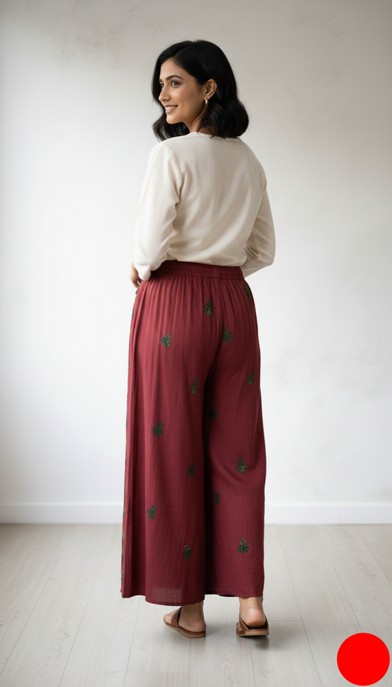 Bohemian Hand-Embroidered Cotton Overlap Palazzo Pants – Maroon & Green (Free Size 26-38