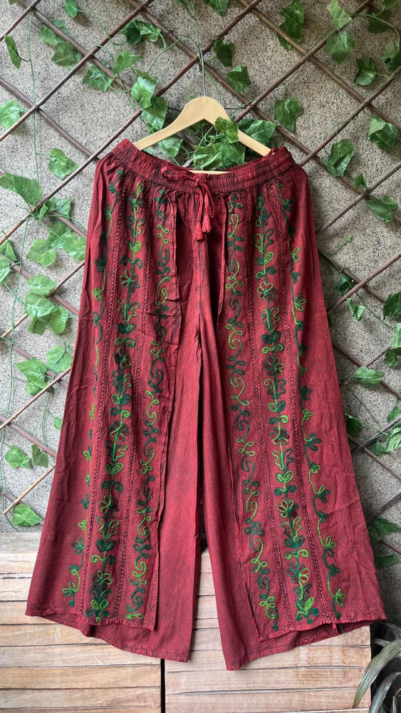 Bohemian Hand-Embroidered Cotton Overlap Palazzo Pants – Maroon & Green (Free Size 26-38