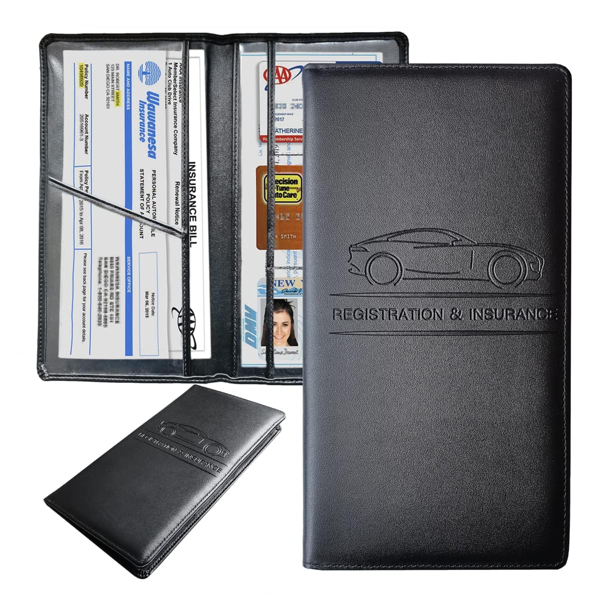 Black leather car registration and insurance holder with car design and text.