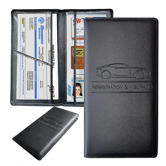 Black leather car registration and insurance holder with car design and text.