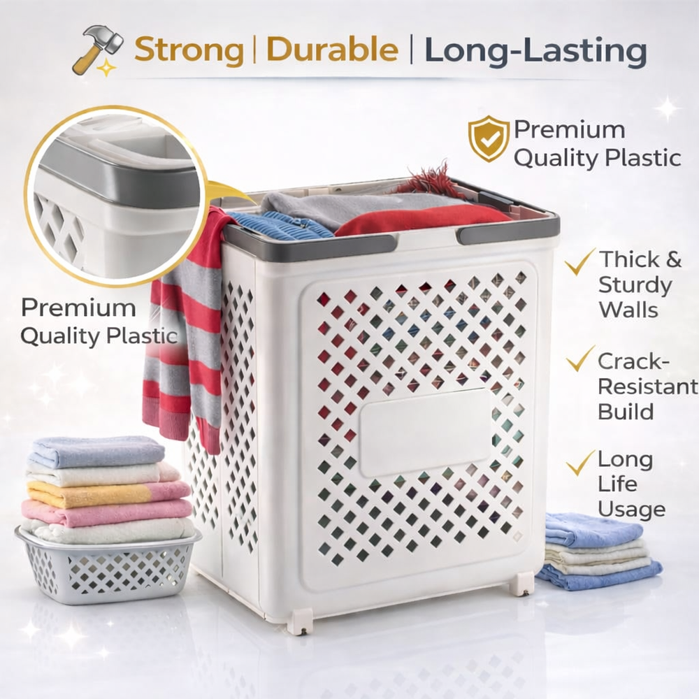 Laundry Bag, Large Laundry Basket, Durable Plastic Storage Basket with Ventilated Diamond Design With Wheel At Bottom, Grey Rim Bathroom & Bedroom Organizer, 45L (White)
