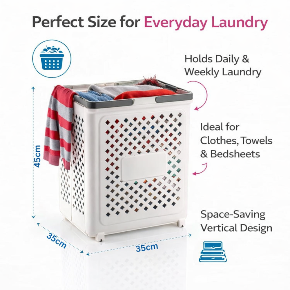 Laundry Bag, Large Laundry Basket, Durable Plastic Storage Basket with Ventilated Diamond Design With Wheel At Bottom, Grey Rim Bathroom & Bedroom Organizer, 45L (White)