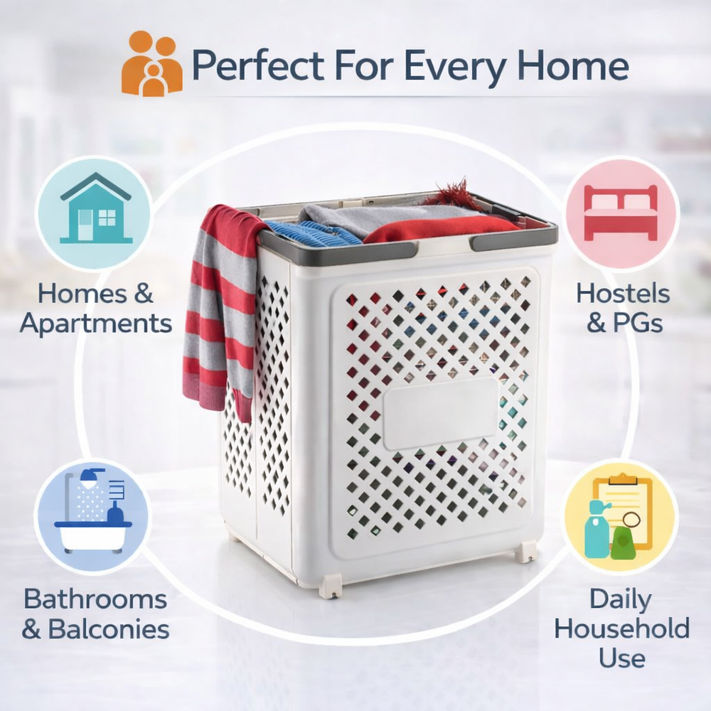Laundry Bag, Large Laundry Basket, Durable Plastic Storage Basket with Ventilated Diamond Design With Wheel At Bottom, Grey Rim Bathroom & Bedroom Organizer, 45L (White)