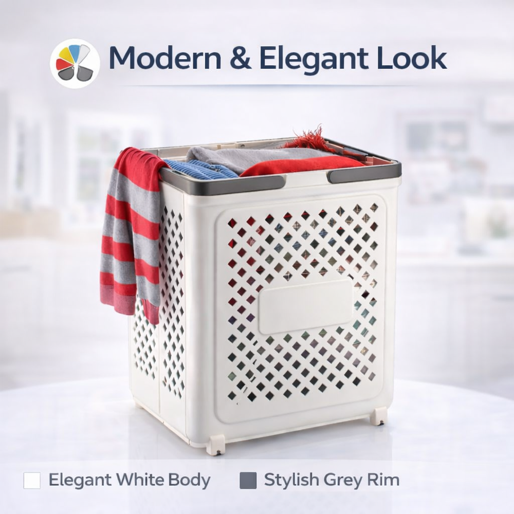Laundry Bag, Large Laundry Basket, Durable Plastic Storage Basket with Ventilated Diamond Design With Wheel At Bottom, Grey Rim Bathroom & Bedroom Organizer, 45L (White)