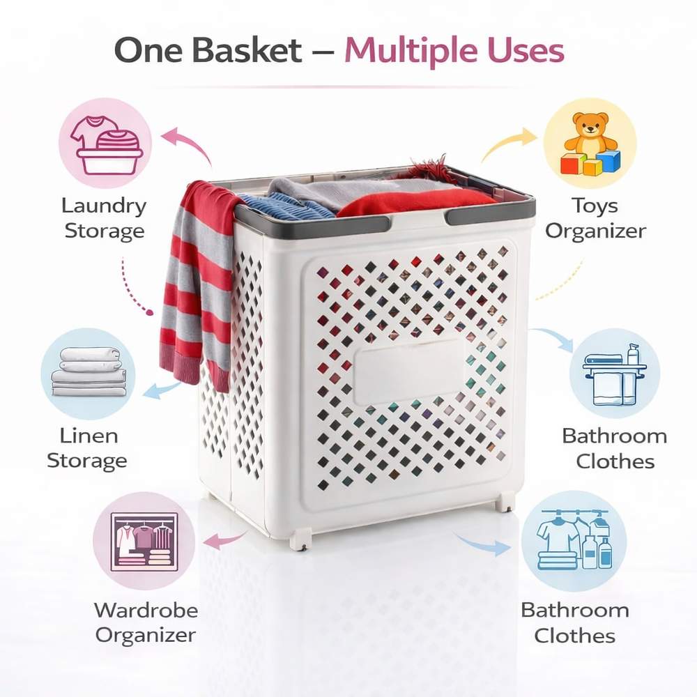 Laundry Bag, Large Laundry Basket, Durable Plastic Storage Basket with Ventilated Diamond Design With Wheel At Bottom, Grey Rim Bathroom & Bedroom Organizer, 45L (White)