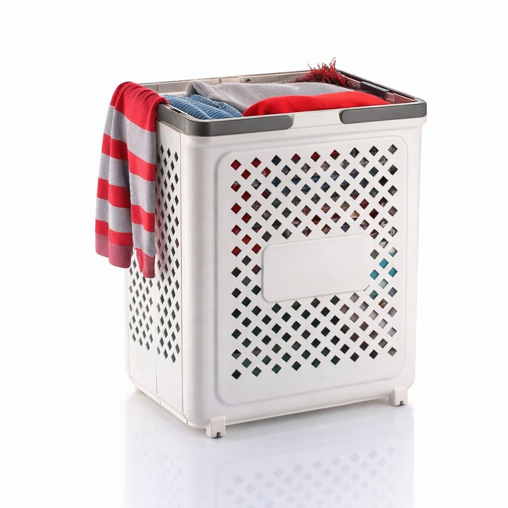 Laundry Bag, Large Laundry Basket, Durable Plastic Storage Basket with Ventilated Diamond Design With Wheel At Bottom, Grey Rim Bathroom & Bedroom Organizer, 45L (White)