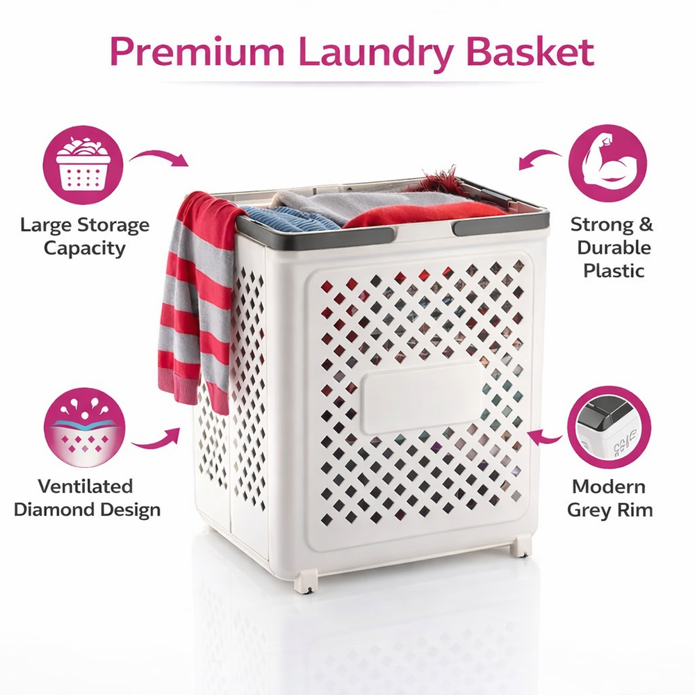 Laundry Bag, Large Laundry Basket, Durable Plastic Storage Basket with Ventilated Diamond Design With Wheel At Bottom, Grey Rim Bathroom & Bedroom Organizer, 45L (White)