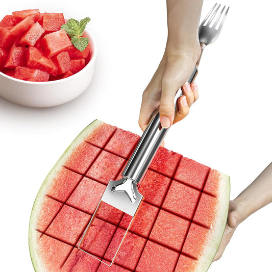 Watermelon Fork Cutter Slicer Tool, 2-in-1 Stainless Steel Fruit Cutter Melon Slicer Cutter Tool, Watermelon Cutting Tool for Home Party Camping Kitchen Gadget