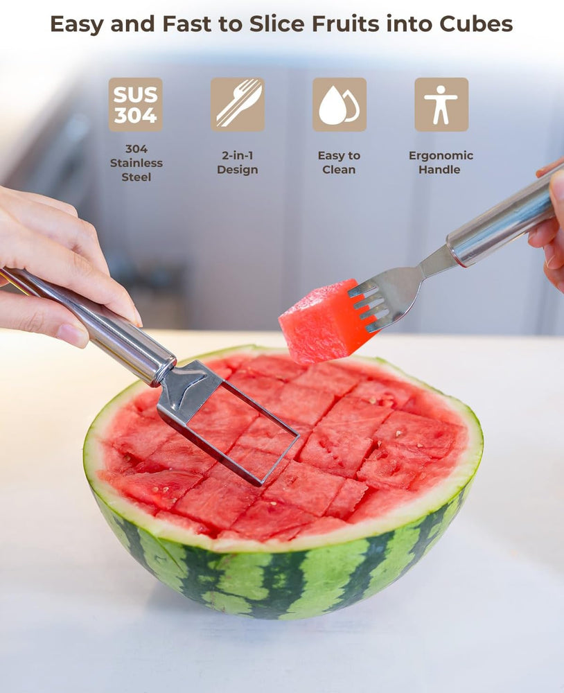 Watermelon Fork Cutter Slicer Tool, 2-in-1 Stainless Steel Fruit Cutter Melon Slicer Cutter Tool, Watermelon Cutting Tool for Home Party Camping Kitchen Gadget