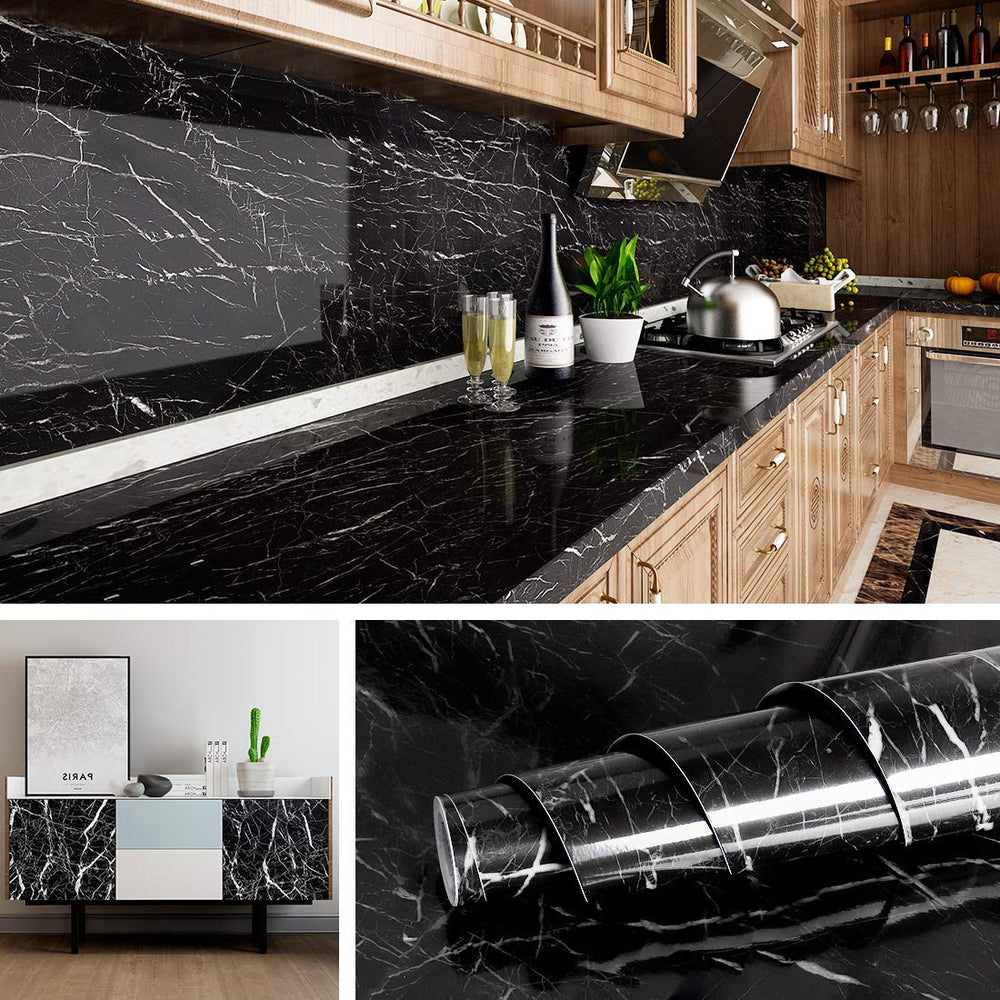 Black Marble Foil Paper (60cm x 200cm) - Self-Adhesive Black Marble Wallpaper & Sticker | Stylish Black Foil Paper for Home Decor (Pack of 1)
