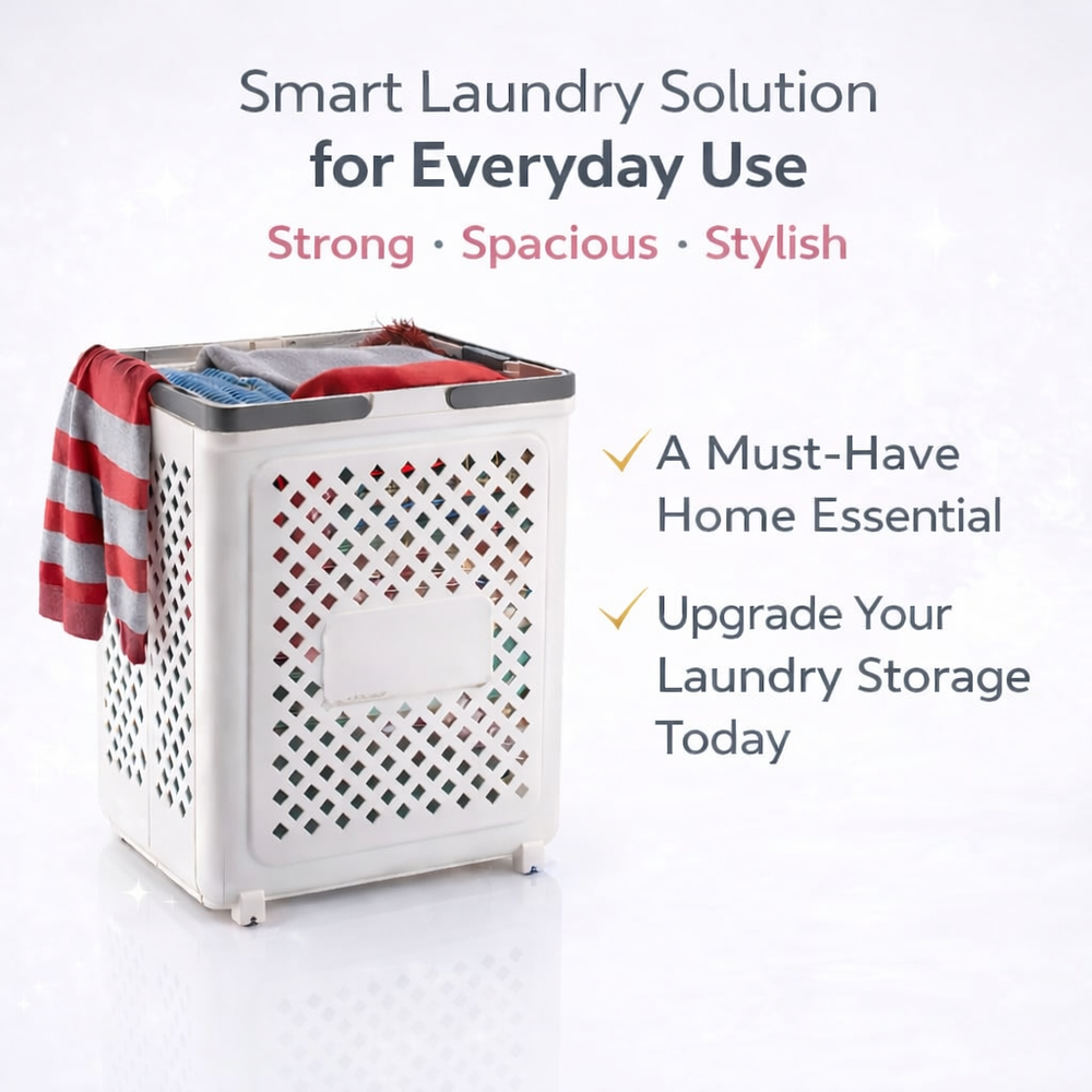 Laundry Bag, Large Laundry Basket, Durable Plastic Storage Basket with Ventilated Diamond Design With Wheel At Bottom, Grey Rim Bathroom & Bedroom Organizer, 45L (White)